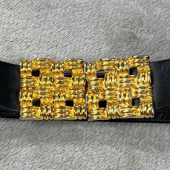 VTG Jeanne 1976 Women Fashion Belt S/M Black Adjustable Gold Basketweave Buckle - Picture 6 of 9